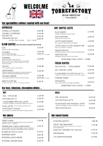 menu de la boutique en anglais